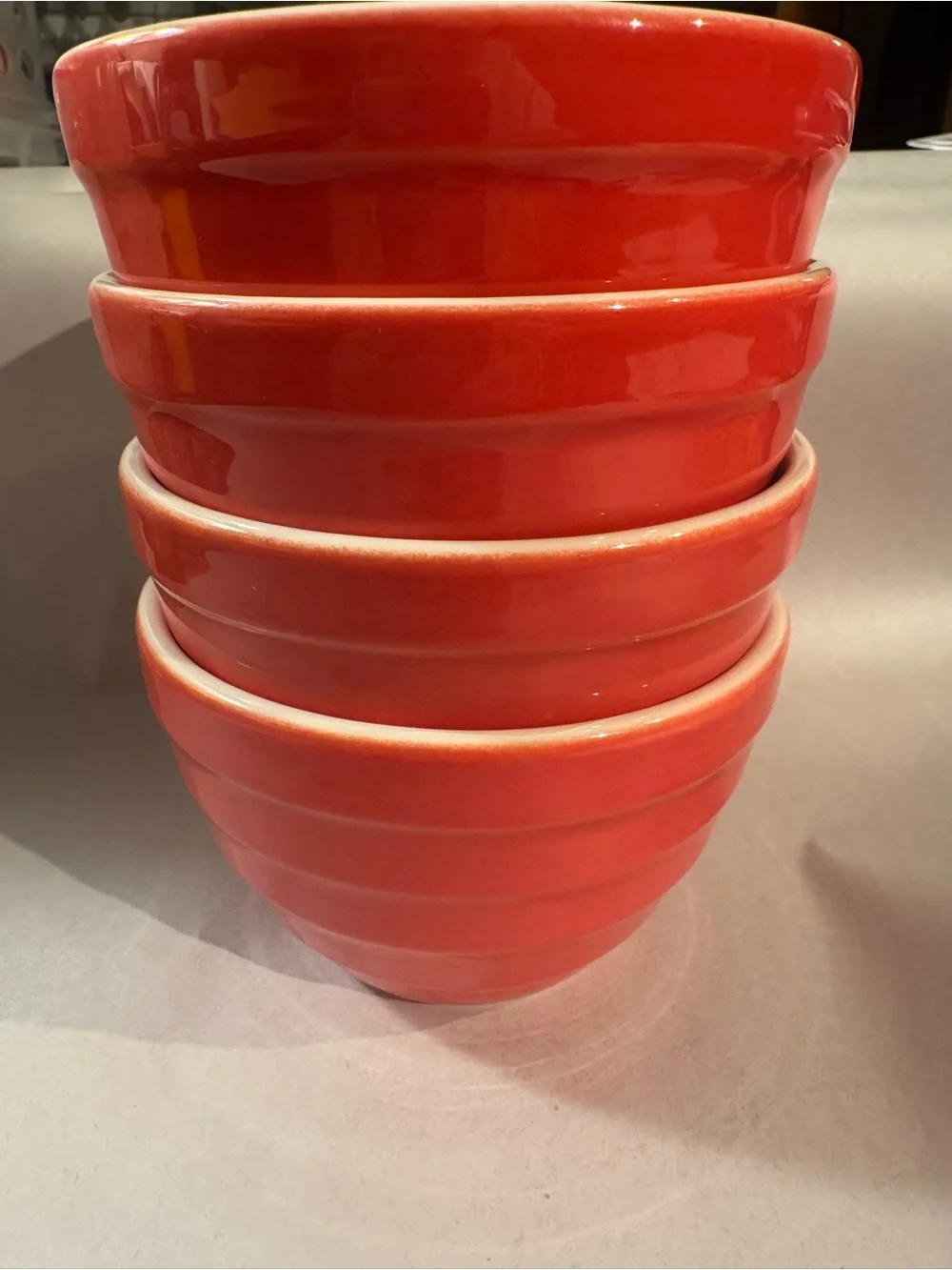 Lot 4 Crate & Barrel Parker ribbed beehive nesting bowls red w/cream interior